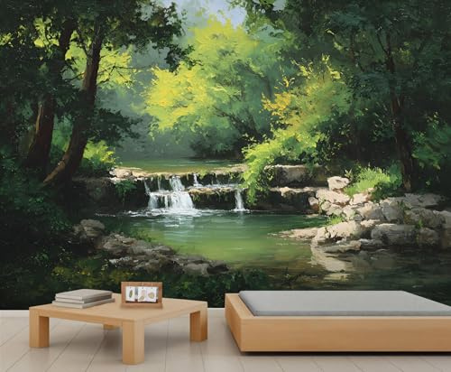 YEMYOR Forest Waterfall Mural Wallpaper Green Forest Wall Mural for Living Room Bedroom Stream Nature Scenery Wallpaper for Kitchen Restaurant Office-150x105cm