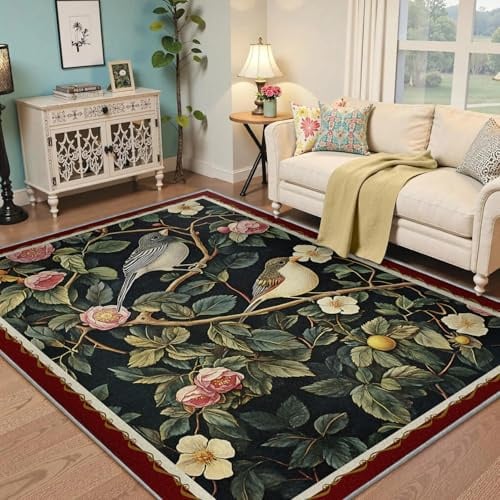 MOKOSAISE Vintage Vogel und Blumenteppich 100x200cm Rosa beige Rosen mit rotem Rand waschbarer Teppich mit niedrigem Flor für Wohnzimmer und Schlafzimmer Wohneinrichtung