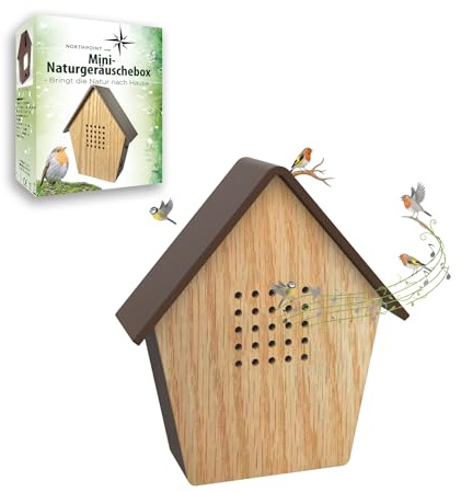 Northpoint Naturgeräuschebox Vogel Gesang Vogelzwitscher mit Echtholz Bewegungsmelder Vogelgeräusche Licht Aufladbar mit Wandhalterung (1 Stück)