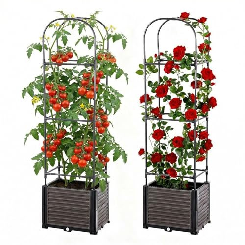 Koioplie 150cm Tomatentopf mit Rankgitter 2Stk, Selbstbewässerung Tomatenkübel mit Wasserspeicher, Groß Tomatentopf mit Rankhilfe für Balkon Tomaten, Kräuter & Blumen,Runde Oberseite
