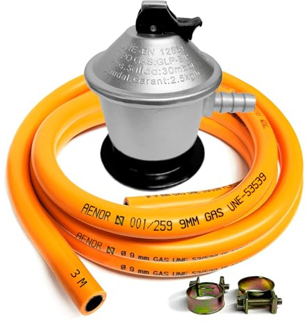 Kit Regulador Gas Butano 30 mbar Homologado + Manguera 1,5 m / 3 m / 5 m y Abrazaderas – Regulador para Bombonas de Gas en Cocinas, Camping, Hornillos, Barbacoas y Paelleros (DOBLE XXL - 3,0 m)