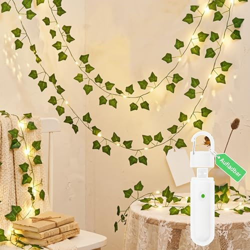 LED Lichterkette Efeu Künstlich, 2M Efeu Künstlich 20LED Lichterkette, Grüne Blatt Efeuranke Lichterketten Batterie mit Timing-Funktion, Blumengirlande Pflanzen für Innen,Hochzeit,Party,Frühling Deko