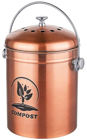 Relaxdays Komposteimer Küche, 5 l, Kleiner Mülleimer, Kupfer | Deckel und Geruchsfilter, Abfalleimer Biomüll, Metall