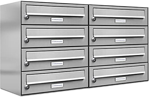 AL Briefkastensysteme 8er Briefkastenanlage Edelstahl, Premium Briefkasten DIN A4, 8 Fach Postkasten modern Aufputz