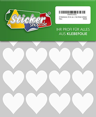40 Klebeherzen, 40 mm, weiß, aus PVC Folie, wetterfest, Herz Sticker Aufkleber