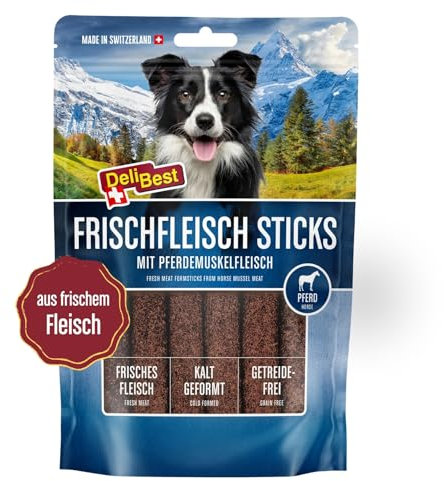 DeliBest Premium Pferdefleisch Sticks I Hundeleckerli mit wertvollen Inhaltsstoffen ist leicht verdaulich I kalt geformt - sehr schmackhafter Hunde Snack aus frischem Fleisch