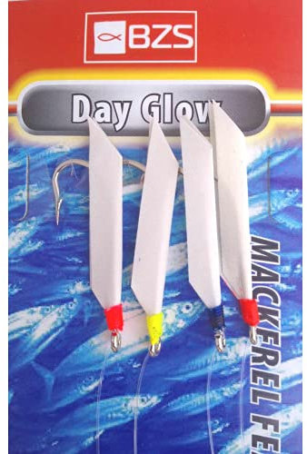 BZS Day Glow Day Lite Mackerel Feathers - Bait Rigs Hooks for Sea Fishing with Lures Boat Tackle Accessories to All Summer Species- Pack of 5