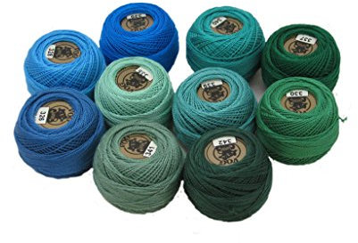 Vog Perlgarn aus Baumwolle, Größe 8, Set mit 10 Knäueln (je 10 g), Blau und Grün (Spalte Nr. 5)