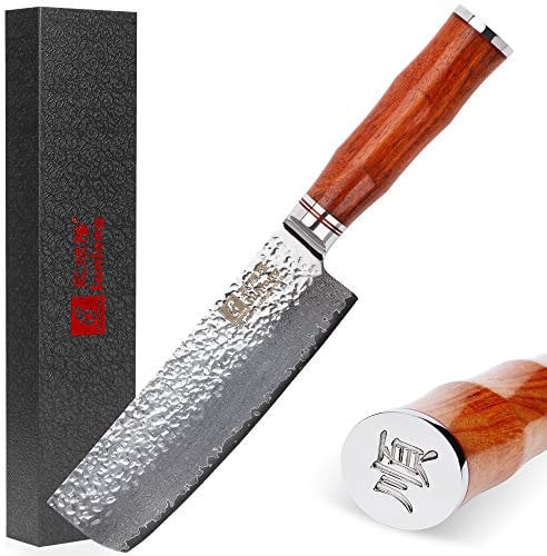 Sunlong SL-DK1049R - Cuchillo Usuba & Nakiri de borde fino de 16,5 cm, hecho con acero damasco VG10, perfecto para corte de verduras