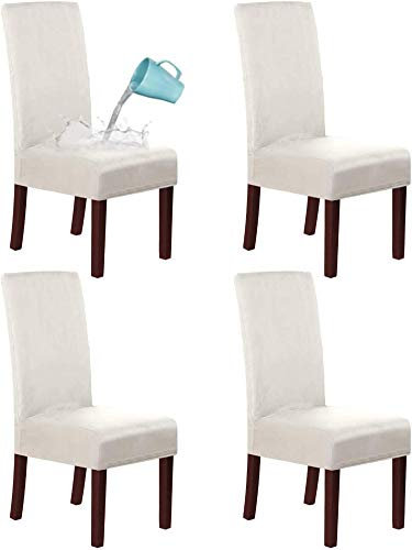 LINGKY Wildleder Esszimmer Stuhlhussen Esszimmerstuhl Schonbezug Samt Stuhlhussen Für Esszimmer, Wasserabweisend Soft Stretch Abnehmbare Stuhllehne Mit Hoher Rückenlehne (Elfenbein,Set of 4)