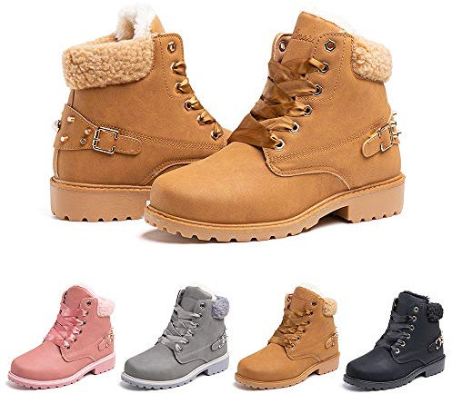 Botas Mujer Invierno Nieve de Cuero PU Zapatos Planas Calentar Piel Forro Cordones Botas Senderismo Snow Boots Outdoor Caqui 43 EU