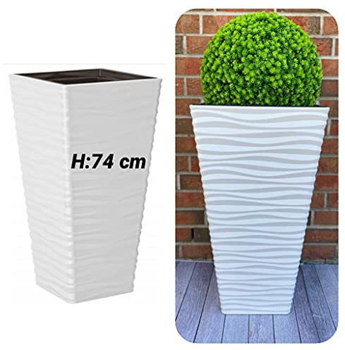 MELTOM 3XL Pflanzkübel Slim Quadratisch 3D Effekt - Wellen - Farbe: Weiß mit Herausnehmbaren Einsatz, BxH: 38 x 74 cm