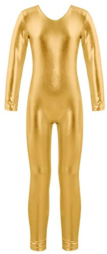Agoky Mädchen Metallic Turnanzug Langarm Body Overalls Ganzkörperanzug Jumpsuit Ballett Trikot Tanz Anzug Fitness Sport Leotard Gold B 146-152