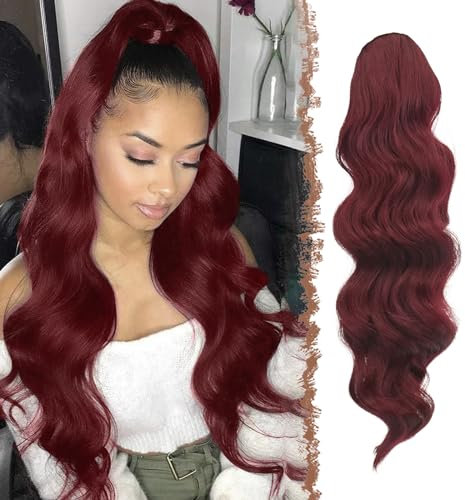 FESHFEN Pferdeschwanz Haarteil Haarverlängerung mit Kordelzug Pferdeschwanz Verlängerung Synthetik Wellig Locken Haarteil Rot Ponytail Extension für Frauen 60cm