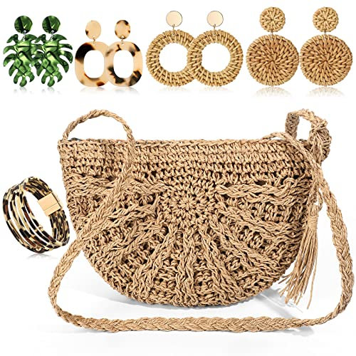 Hicarer 2025 Boho Purse Earrings Set Straw Shoulder Bag Women Crossbody Vacation Beach Purse with 4 Rattan Boho Tropical Earrings Leopard Bracelet Kit(Semicircular), Rattan Resin