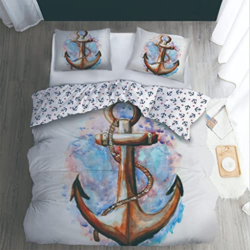 WQIZXCW Bettwäsche 135x200 2er Set, Anker Wendebettwäsche - 110gsm Weiche Microfaser, Maritim Nautische Bettbezug mit Reißverschluss und 1 Kissenbezug 80x80 cm