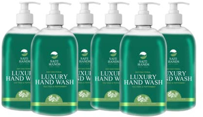 Safe Hands | Luxury Hand Wash | Tea Tree & Peppermint | 6 x 500ml | Moisturising hand soap liquid | Antibacterial Hand Soap | Removes 99% of Bacteria | Kind to Skin
