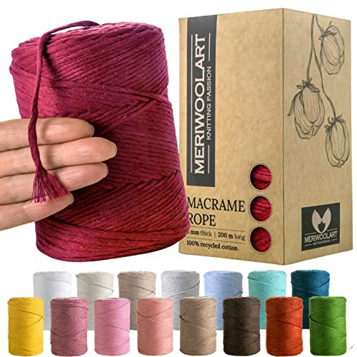 MeriWoolArt® Premium Makramee Garn Rot - Makramee Baumwollgarn 3mm x 200m - Super weiches Garn, einfach gedrehte Makramee Schnur - 100% Baumwolle für DIY Boho Deko Handwerk