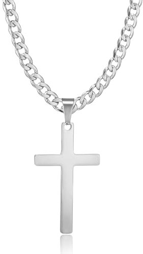 HSWYFCJY Kreuz kette Herren Kreuzkette Silber Edelstahl umgekehrtem Anhänger mit Kreuz Halskette für Männer Christliches Kreuz Halskette 20