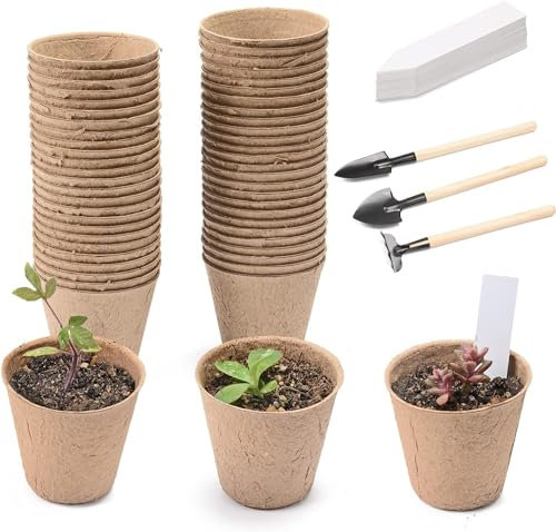 Atoke 50 Piece Seedling Pots,Seed Starter Pots Biodegradable Plants Pots,3 Pcs Mini Seedling Tools for Garden Germination Nursery Pot for Indoor Outdoor,Beige