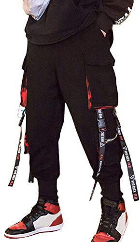 ORANDESIGNE Herren Cargohose Arbeit Kampf Techwear Hose Hip Hop Mehrere Taschen Tapered Hosen Schnalle Riemen Jogginghose Sweatpants A Schwarz M