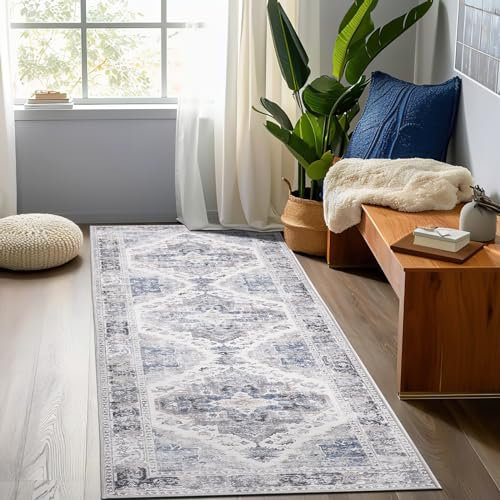 TOPICK Läufer Flur Waschbar Grau Küche Läufer Vintage Blume Orientalischer Dünner Faltbar Teppich für Brücken Schlafzimmer Wohnzimmer Tisch rutschfest Teppichläufer Flurteppich 60x300cm