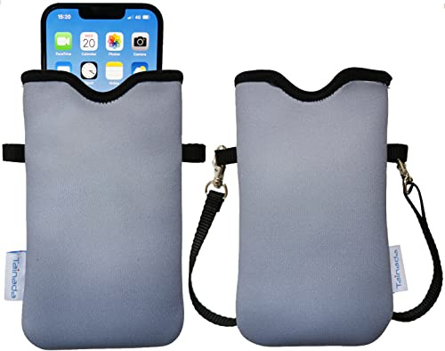 Tainada Men Women Neoprene Mobile Phone Sleeve Pouch Case Bag w/Crossbody Strap/Neck Lanyard for iPhone 17/16 Pro Max, Air, 16/15 Plus, 16e; Samsung S25+, S24, A56 (Gray)