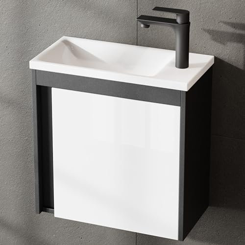 Planetmöbel Badmöbel Set 2-teilig Waschbecken mit Unterschrank 50 x 48,3 x 24,8 cm grau matt/weiß Hochglanz, Waschbeckenunterschrank mit Einsatz-Waschbecken weiß
