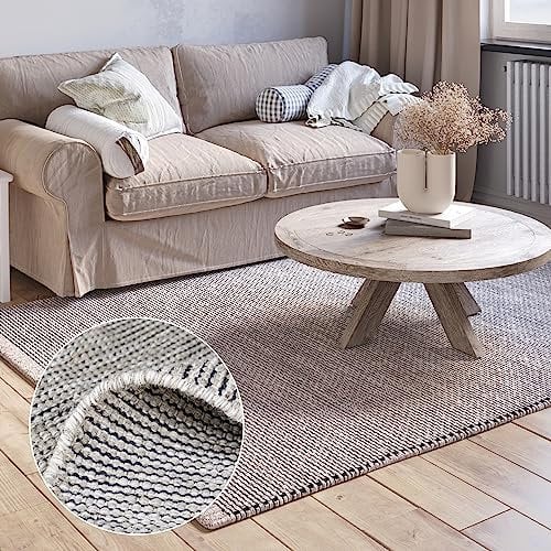 MY-RUG Wollteppich Wohnzimmer 230 x 160 cm, Roshni, Creme, grau, beige, handgewebt, Naturprodukt, Wohnzimmerteppich flach gewebt aus Wolle