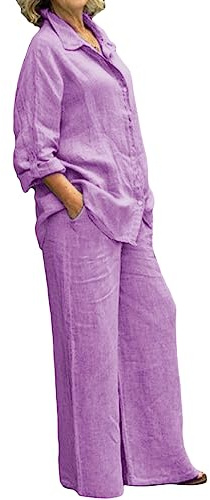 shownicer Donna Completo Tuta Estiva Leggera Due Pezzi Manica Lunga Camicie + Pantaloni Lino Set Larghi Taglie Forti Completo Tuta Streetwear