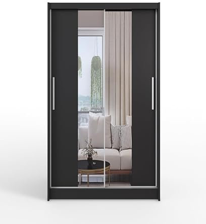 Easy4You L2 Schwarz Schiebetüren Kleiderschrank 120 cm mit Spiegel - Schlafzimmermöbel, Aufbewahrung - Mehrzweckschrank - Farbe: Schwarz