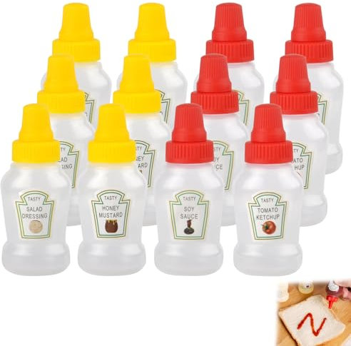APOMOONS Mini Flacon Souple 12 Pièces Mini Vinaigrette Récipient Sauce Salade Squeeze, Bouteille à Condiments 25ml, Pot Sauce Plastique avec étiquettes pour Ketchup Sauce Soja Sauce Miel Vinaigrette