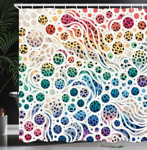 ABAKUHAUS Leopardenmuster Duschvorhang, Bunte gesprenkelte Punkte Abstrakte surreale Palette des Themas der Wildkatzenhaut, Stoffliches Gewebe mit Haken, 175 x 200 cm, Weiß Mehrfarbig