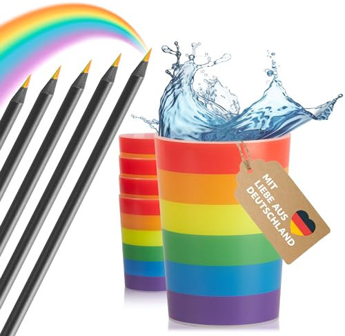 Buntstifte Regenbogen & Trinkbecher Regenbogen je 8 Stk - Das perfekte Mitbringsel für jeden Kindergeburtstag für Mädchen & Jungs