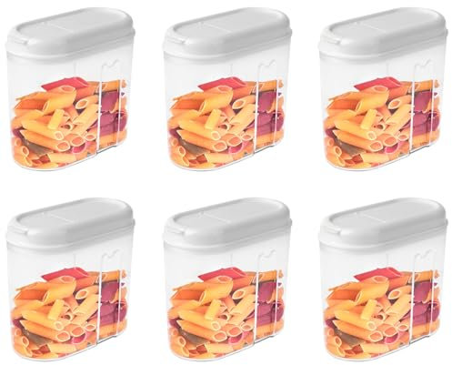 Tradineur - Pack de 6 recipientes de plástico reutilizables con tapa, botes, almacenaje, pasta, legumbres, cereales, frutos secos, café, fabricado en España (Tapa blanca, 1 litro, 14 x 15,5 x 7,8 cm)
