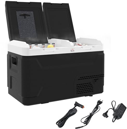 HOMCOM Glacière électrique Portable congélateur et réfrigérateur avec 2 Zones - contenance 40 L, lumière LED, 12/24 V DC et 100-240V AC, jusqu'à -20°C