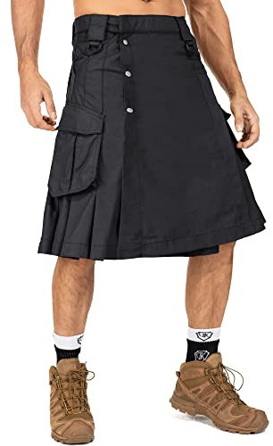 OCANXUE Kilt für Herren, Tarnmuster, wasserdicht, taktischer Kilt, irisch, schottisch, Kilts für Herren, mit 4 Taschen, Schwarz, 42