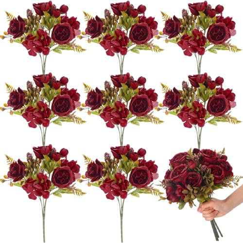 Yunsailing Künstliche Pfingstrosen, Kunstblumen, Seide, Hortensien, Blumenstrauß, Vintage, Hochzeit, Zuhause, Tischdekoration, wiederverwendbarer Rosenstrauß für Muttertag, Hochzeit, Weinrot, elegant,
