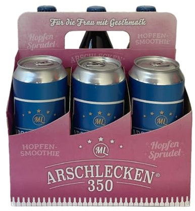 Arschlecken 350 Frauen-Sixpack 3 x 0,5 l Arschlecken 350 in der Flasche und 3 x 0,5 l Dosenbier Original ML Helles in der Frauenhandtasche Alc.5%/4,9% vol. (6)