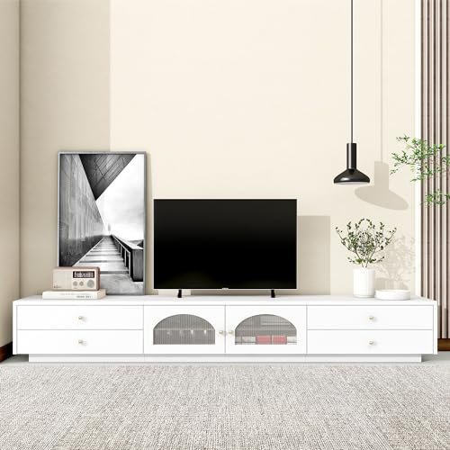 Rtopsu Mobile TV, Tavolo TV Basso per TV Fino a 90 Pollici, Scaffale TV con 3 Ante e 4 Cassetti Contenitore per Soggiorno Sala da Pranzo Camera da Letto, 220x40x33 cm, Legno, Bianco