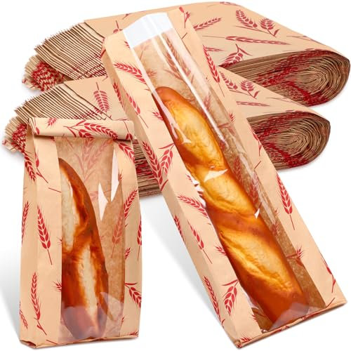 Affrolling 100 Pcs Red Brown Kraft Paper Bread Bags with Window, 18 x 6.5 x 2 Fold Top Disposable Food Storage Bags for Homemade Bread, Biscuits, Snacks