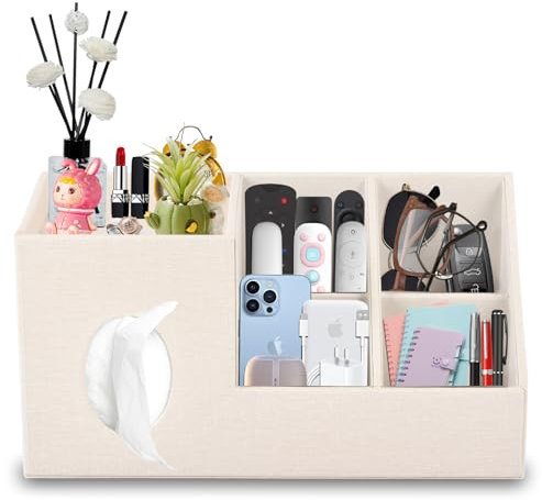Taschentücher Box aus Leder mit Seitentasche,Quadratische Kosmetiktücher Box mit Magnetverschluss,Tücherbox mit Ablage Oben für Mobiltelefone,Kosmetika,Fernbedienungen,Büroartikel,Parfüms (Beige)