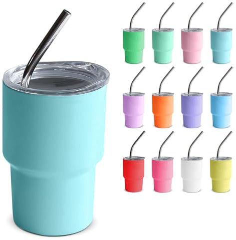 Mini Tumbler Shot Glass with Straw and Lid, 7oz Cute Insulated Shot Cups Stainless Steel for Espresso Coffee Spirits, Wedding, Party,Camping,Outdoor,Carnival,Oktoberfest Water Beer Cups (light blue)