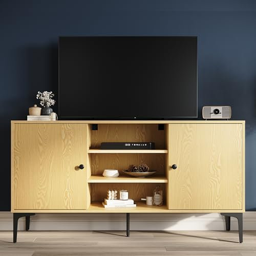 SONNI Mueble de TV, Mesa de TV de hasta 60 Pulgadas, Largo de 135 cm, con 2 Cajones y 3 Estantes Abiertos, 2 Agujeros para Cables,135x35x70cm, Madera
