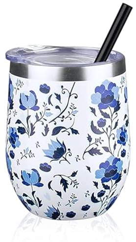12 oz Insulated Wine Tumbler with Lid and Straw,Stainless Steel Stemless Wine Tumbler Glasses Double Wall Vacuum Wine Cups Tumbler Bulk for Coffee,Cocktail,Office（Blue and White Porcelain,1）