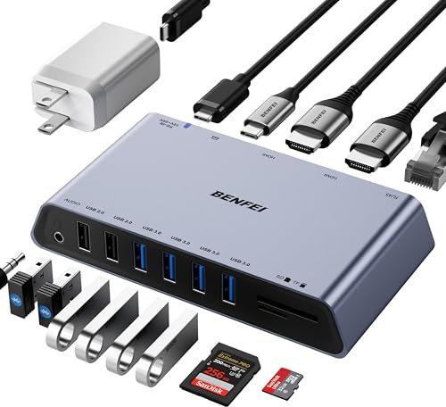 BENFEI DisplayLink 12-in-1 Universal USB 3.0 Docking Station with Dual HDMI Display/6 USB Ports/SD/TF Card Reader/Gigabit Ethernet Network/3.5 Female Headphone Jack