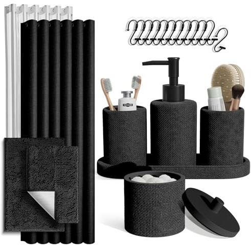 Clara Clark Black Bathroom Set - Bathroom Sets with Shower Curtain and Rugs, 21PC Bathroom Accessory Set, Shower Curtain Set with Soap Dispenser & Toothbrush Holder