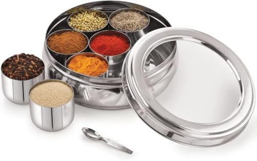 SWACRAFT See Through Stainless Steel High Grade Spice Container 7 Containers and Small Spoon See Through Masala Box Indian Masala Dabba with Size 8 X 8 inches