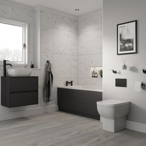 Wholesale Domestic Alford 1400mm Steel Straight Single Ended Bathroom Suite including Matt Black Flush Plate Back to Wall Toilet and Graphite Grey Vanity Unit with Countertop Basin