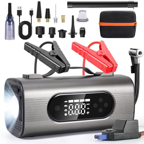 LAMA Starthilfe Powerbank 2000A Spitze Tragbare Auto Starthilfe Powerbank 12V Starthilfegeräte (Unterstützt 4,0L Benzin / 2,5L Diesel), Mit LCD Display/LED Licht/Staubsaugen/Reifenbefüllung, Grau